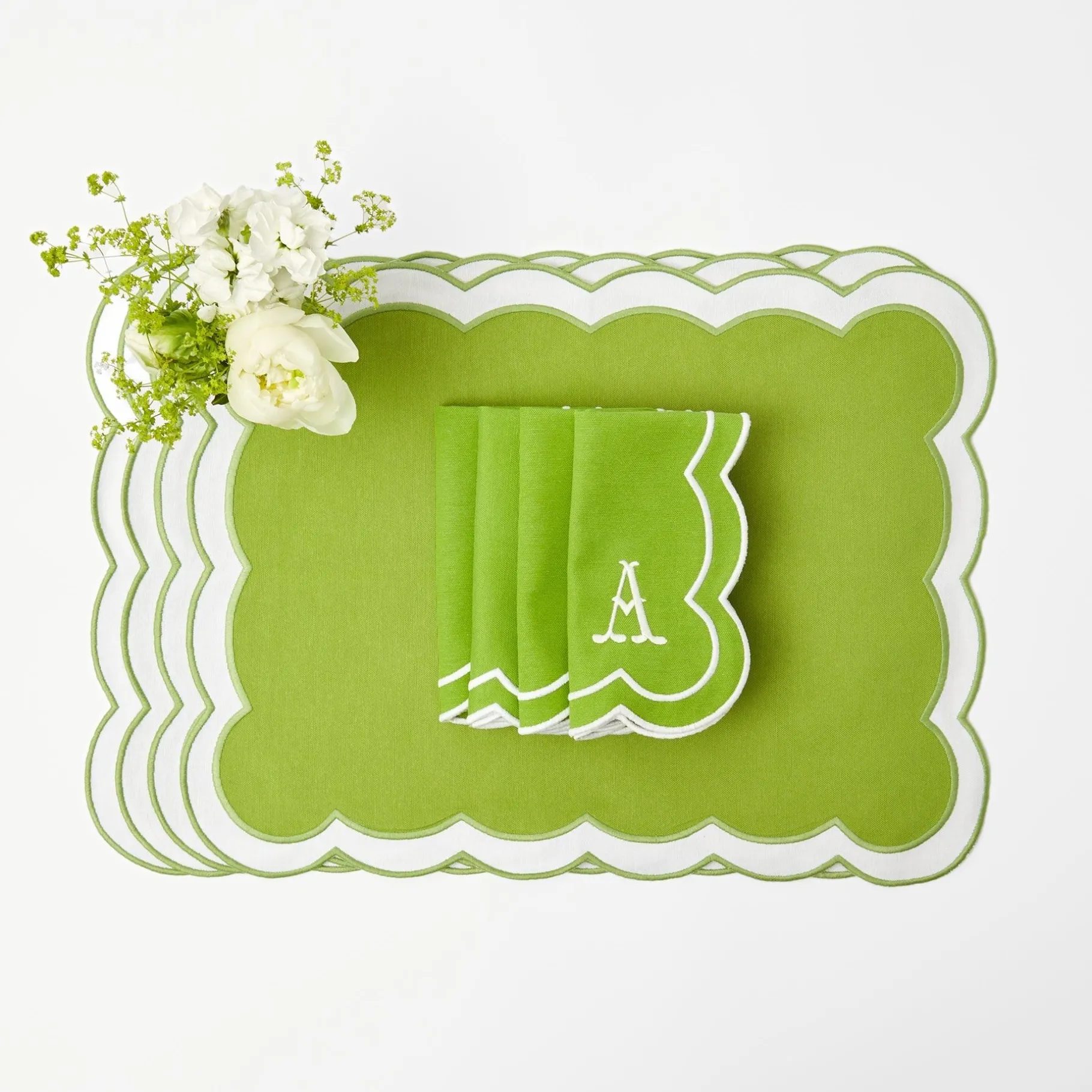 Mrs. Alice Table Linen Sets|Serena Applique Green Placemats & Napkins (Set Of 4)