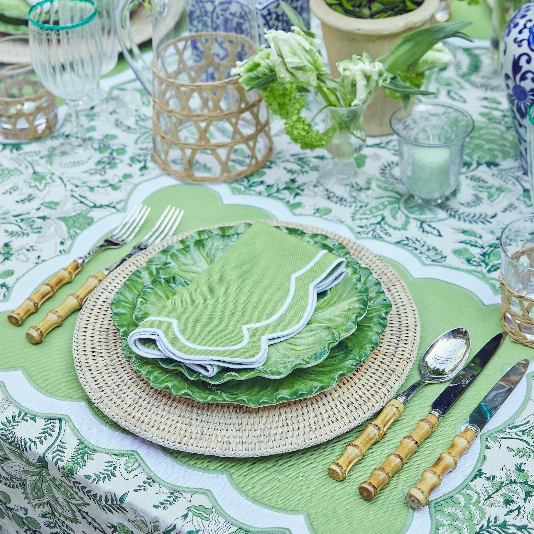Mrs. Alice Table Linen Sets|Serena Applique Green Placemats & Napkins (Set Of 4)