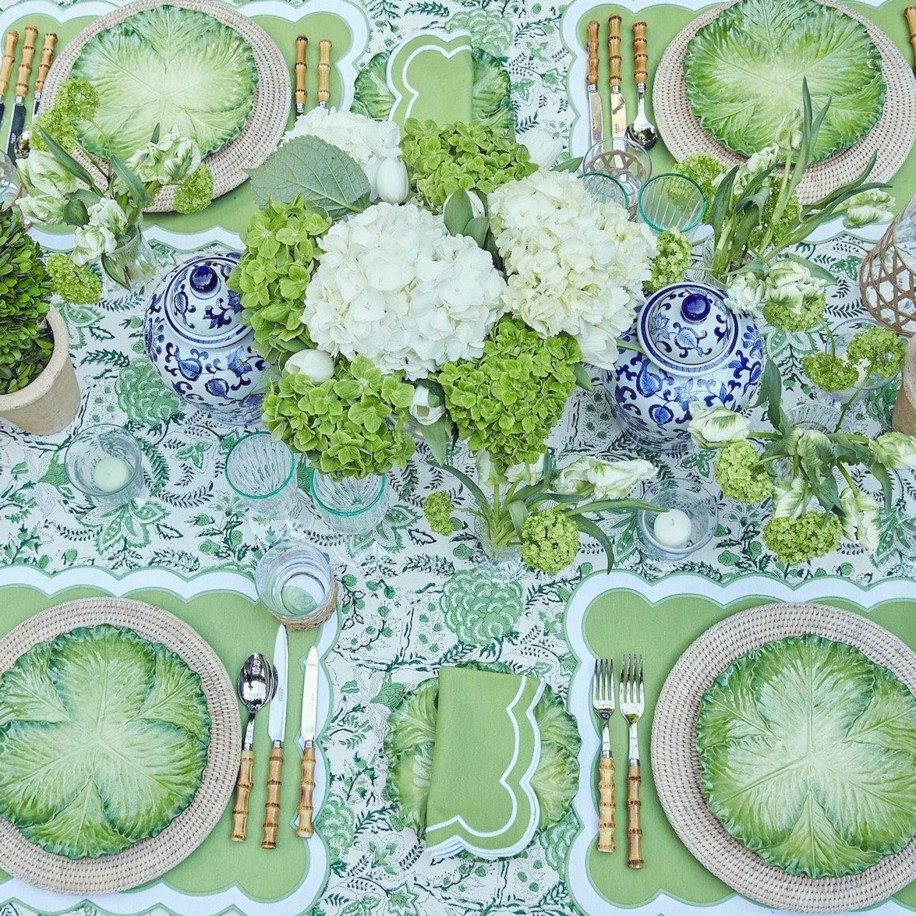 Mrs. Alice Table Linen Sets|Serena Applique Green Placemats & Napkins (Set Of 4)
