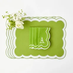 Mrs. Alice Table Linen Sets|Serena Applique Green Placemats & Napkins (Set Of 4)