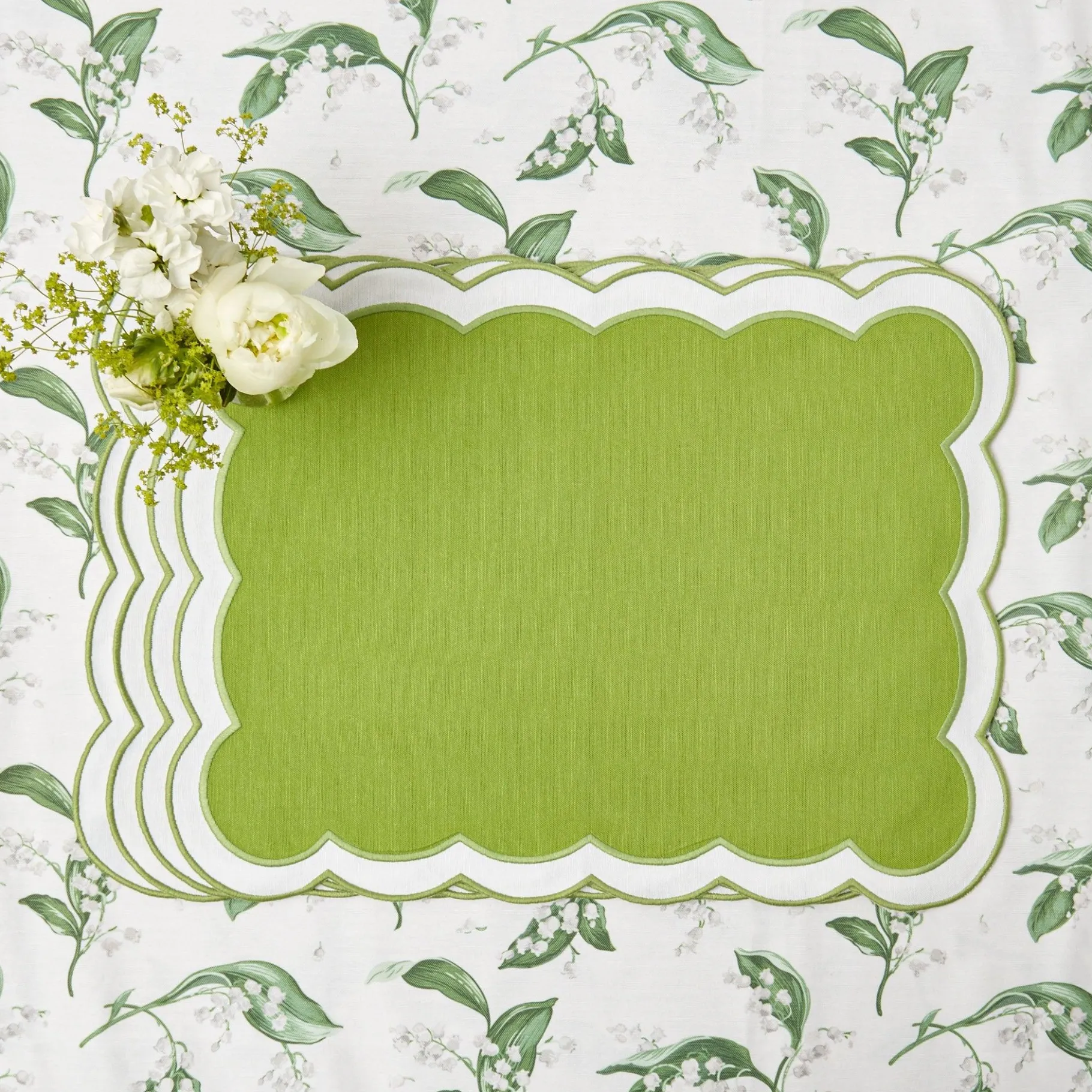 Mrs. Alice Table Linen Sets|Serena Applique Green Placemats & Napkins (Set Of 4)
