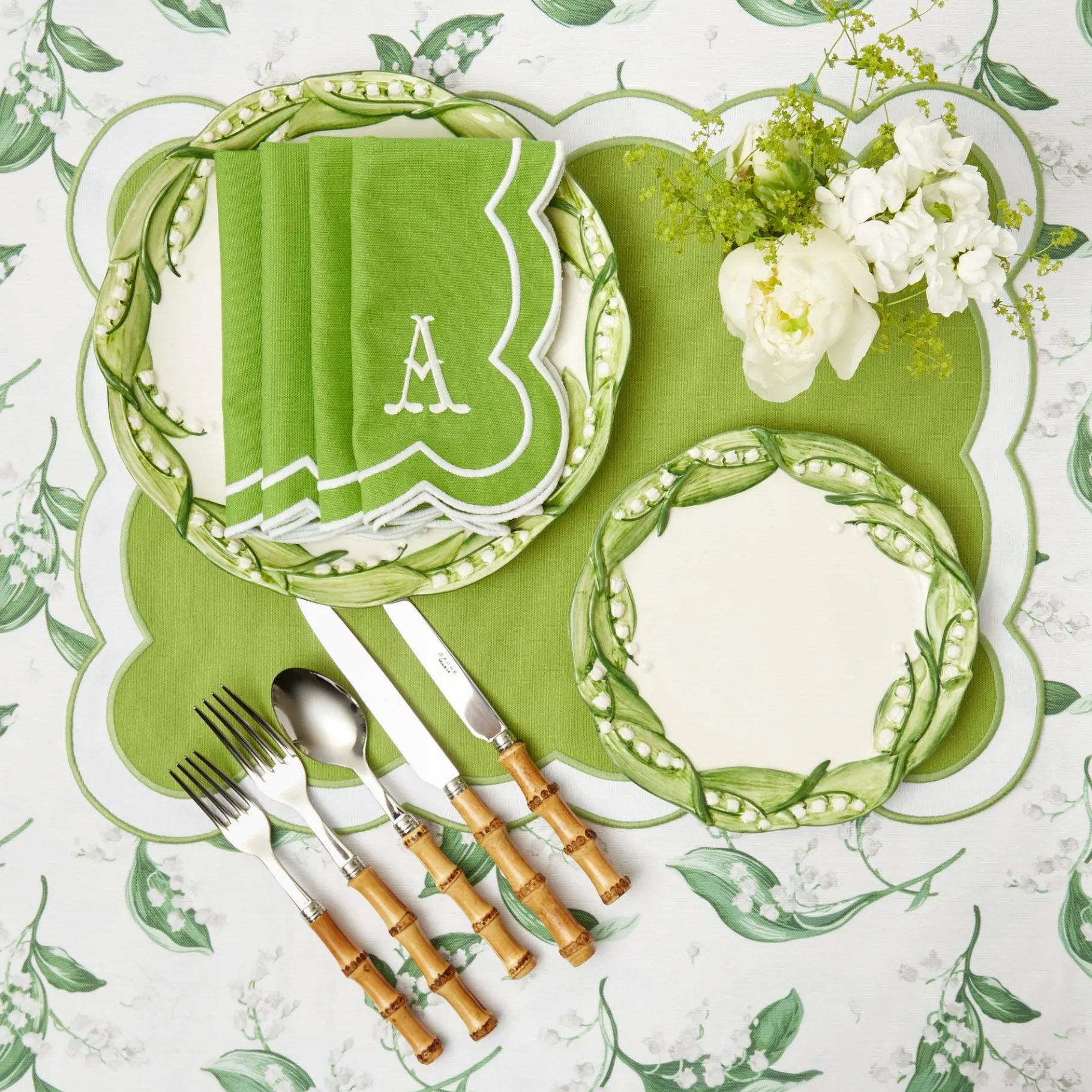 Mrs. Alice Table Linen Sets|Serena Applique Green Placemats & Napkins (Set Of 4)