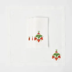 Mrs. Alice Napkins|Strawberry White Linen Embroidered Napkins (Set Of 4)