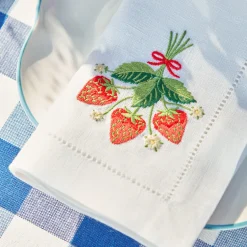 Mrs. Alice Napkins|Strawberry White Linen Embroidered Napkins (Set Of 4)