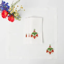 Mrs. Alice Napkins|Strawberry White Linen Embroidered Napkins (Set Of 4)