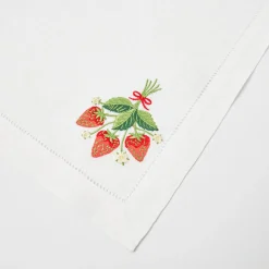Mrs. Alice Napkins|Strawberry White Linen Embroidered Napkins (Set Of 4)