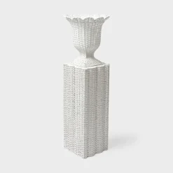 Mrs. Alice Rattan Furniture|White Liliana Scalloped Rattan Pedestal And Urn