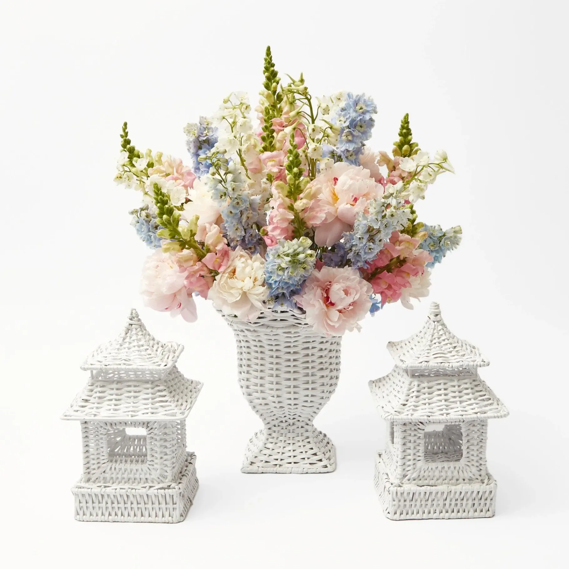 Mrs. Alice Vases|White Rattan Pagoda & Urn Vase Set