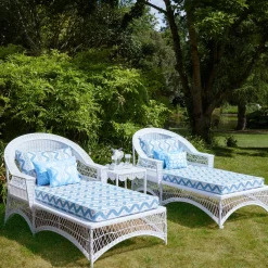 Mrs. Alice Rattan Furniture|White Rattan Sun Lounger With Blue Ikat Cushion