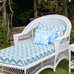 Mrs. Alice Rattan Furniture|White Rattan Sun Lounger With Blue Ikat Cushion