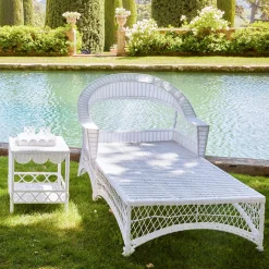 Mrs. Alice Rattan Furniture|White Rattan Sun Lounger With Blue Ikat Cushion