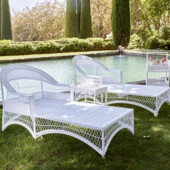 Mrs. Alice Rattan Furniture|White Rattan Sun Lounger With Blue Ikat Cushion